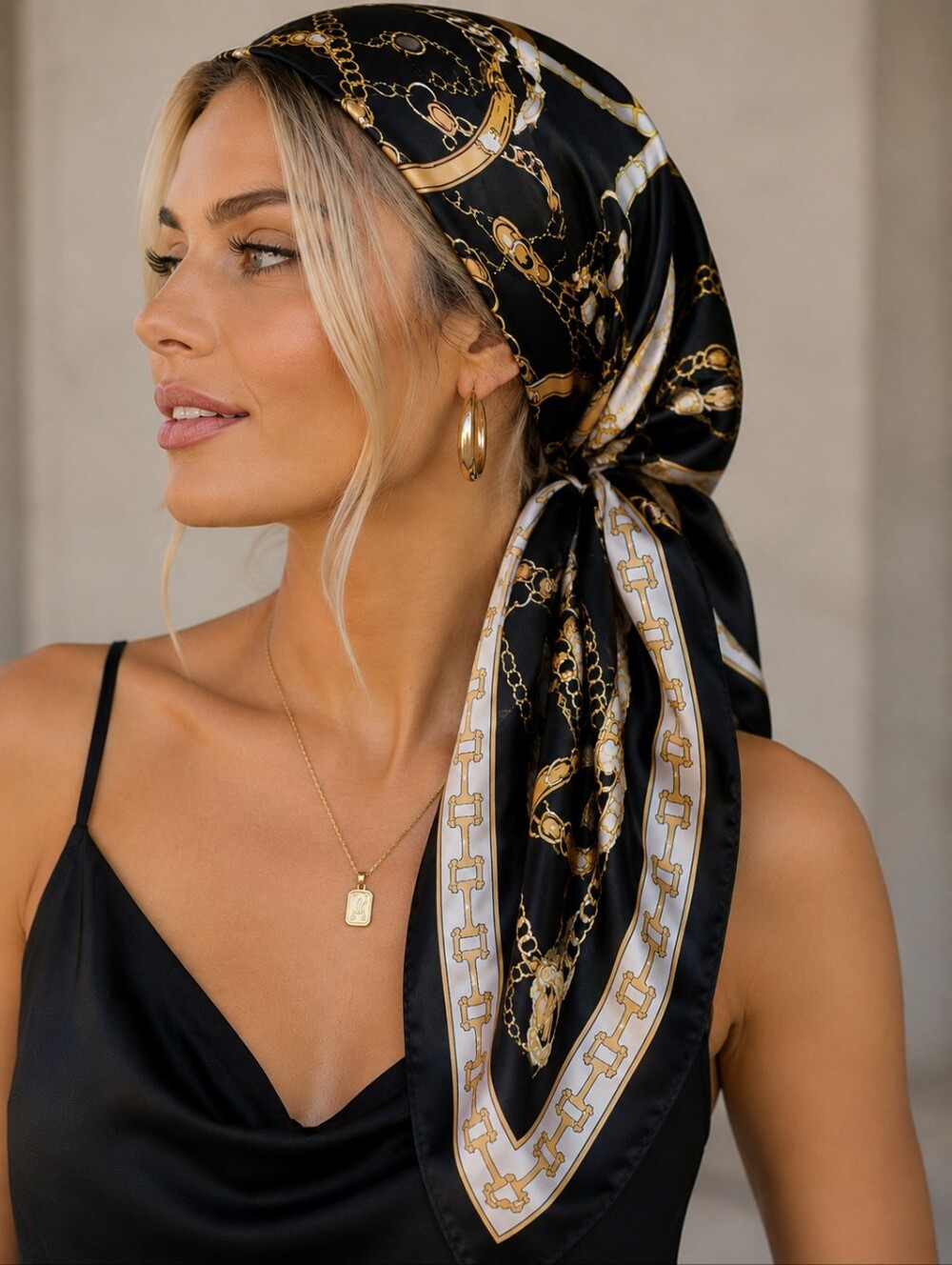 Silk-Feel Black & Gold Chain Print Headscarf